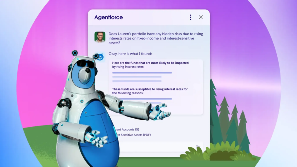 Image of robot bear in front of a screen showing Agentforce